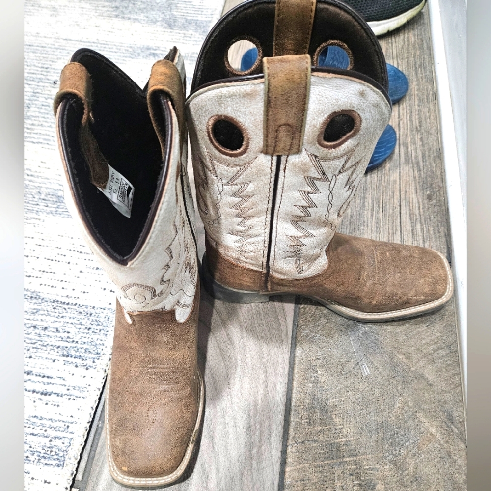 Distressed Brown and Antique White Wide Square Toe Cowboy